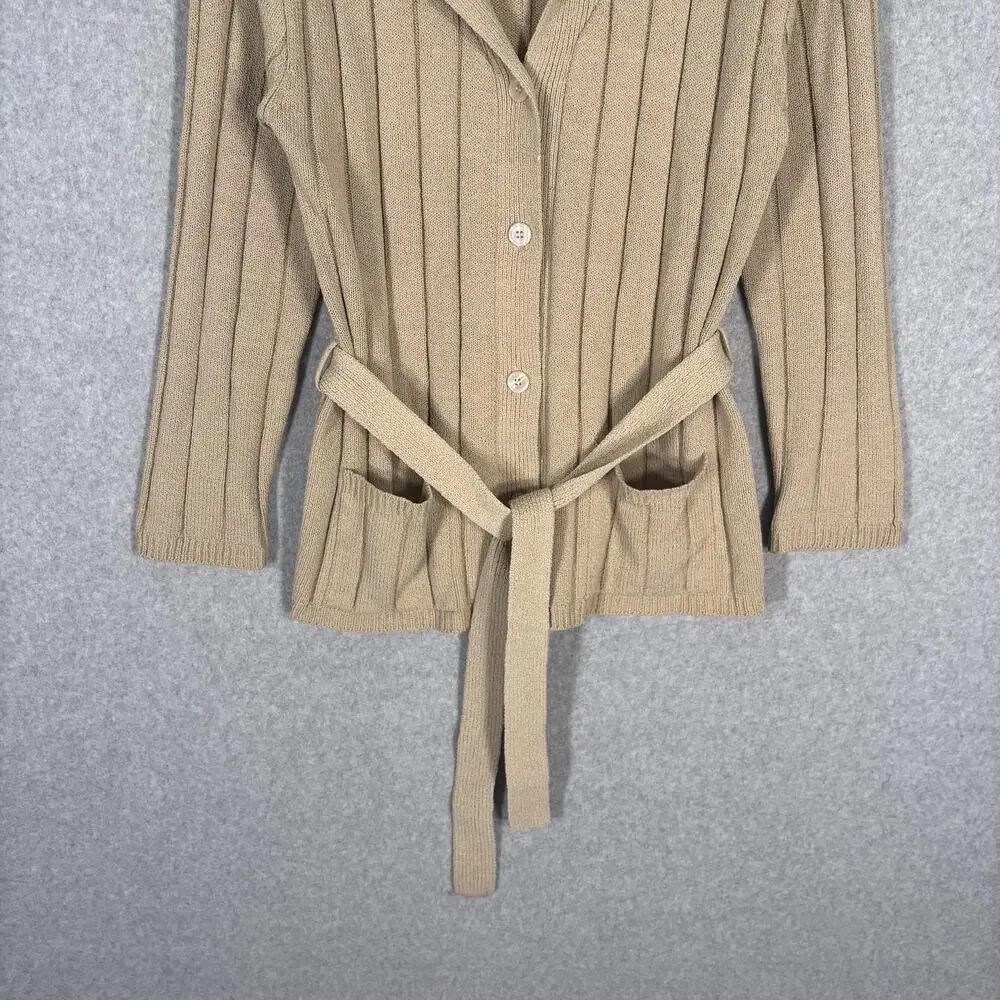 New Look Cardigan Sweater Large Tan Pockets Ribbed Neutral Quiet Luxury Academia